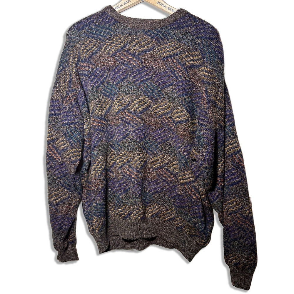 Vintage Zylos George Machado Mens XL Geometric Knit Crewneck Sweater Multi Color